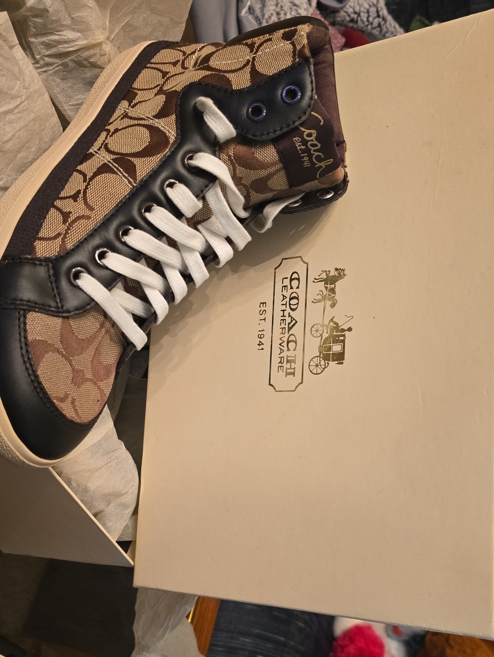 Coach Tan and Brown Signature High-Top Sneaker